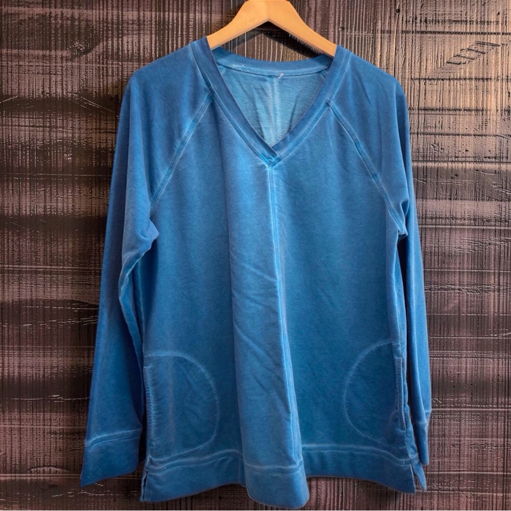 LOGO Lounge by Lori Goldstein French Terry V-Neck Pullover Top Size L Teal Blue